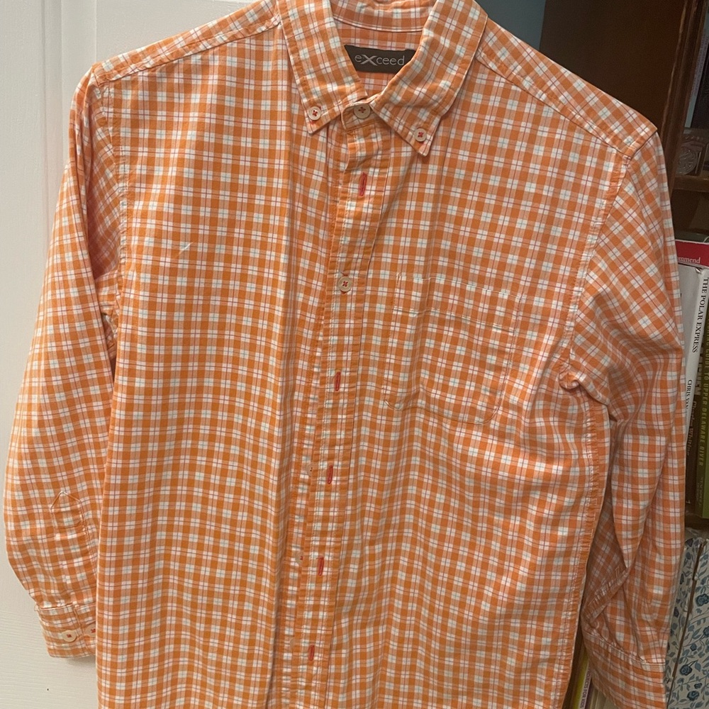 Orange and white check big boys dress shirt, excellent condition